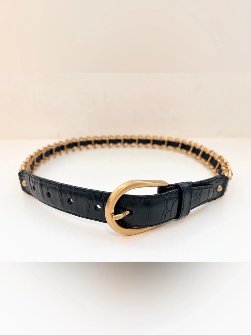 Auth MIU MIU Black Leather Gold-Tone Chain Link Belt, Size 75 / 30